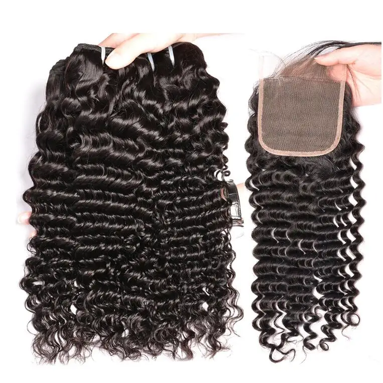 100 Unprocessed Virgin Indian Human Hair Bundles With Body Wave Lace Closure