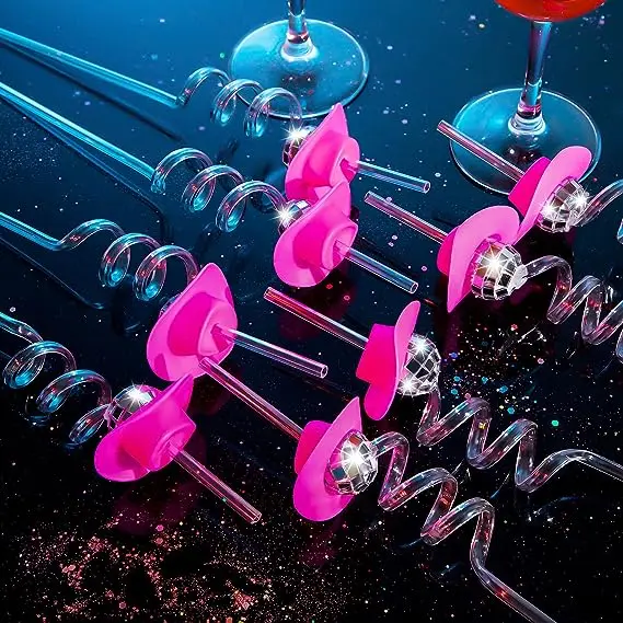 Mini Disco Mirror ball straws with pink cowboy cowgirl hat bar party decorations silver 12 pieces cowboy disco straw