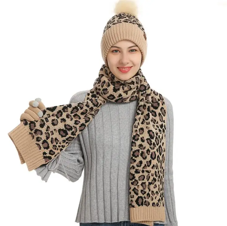 Customized Leopard 3 Piece Women Crochet Pompom Beanie  Scarf  Touch Screen Mittens Winter Knitted Scarf Gloves Beanies Sets