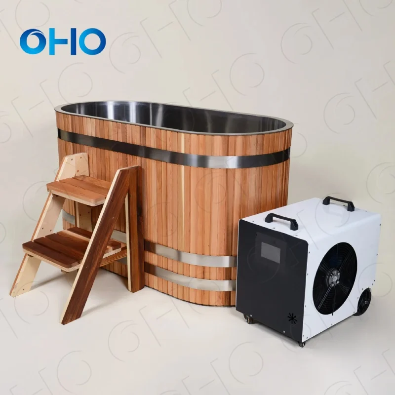 OHO High Quality Luxury Wooden Stainless Steel Ice Bath Recovery Tub Cold Plunge Tub with Water Chiller