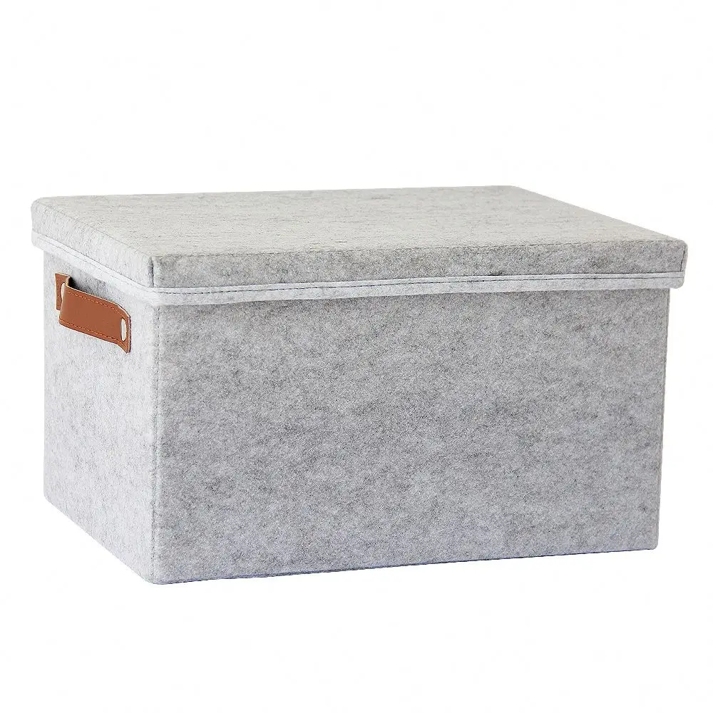 Didifish Factory Price Large Capacity Collapsible Organization Bins Box With Lid And Leather Handle Soft Felt Storage Boxes
