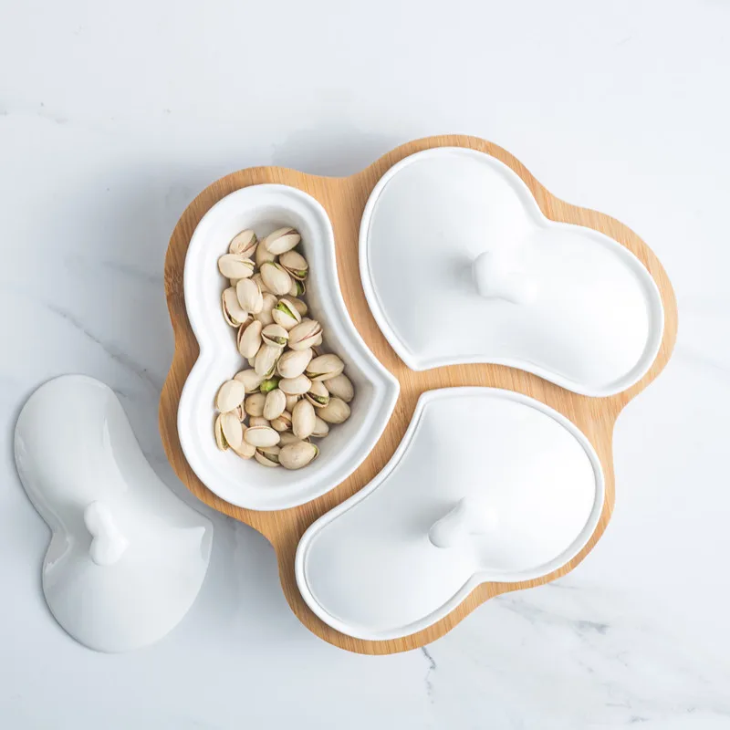 Compartment corn nuts snack ceramic chinese bowl set