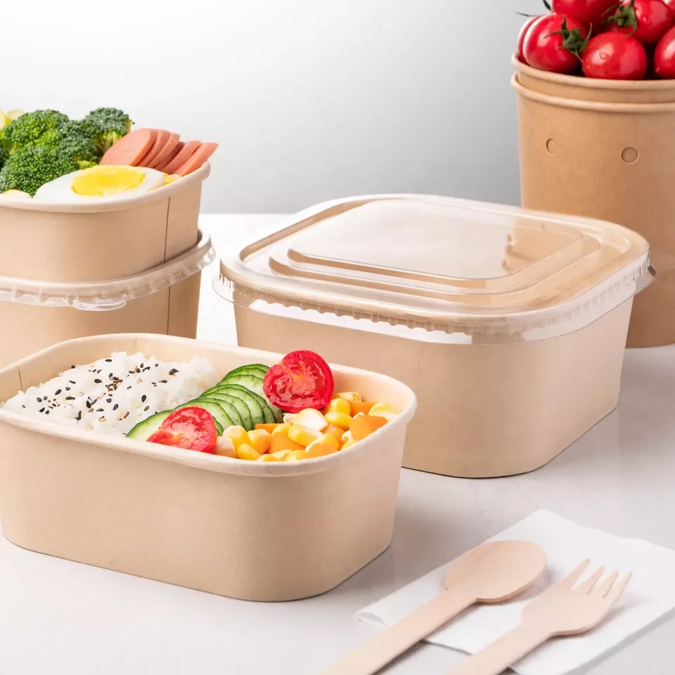 Eco Friendly Take Away Disposable Square Kraft Paper Bowl With Plastic Lid For Salad