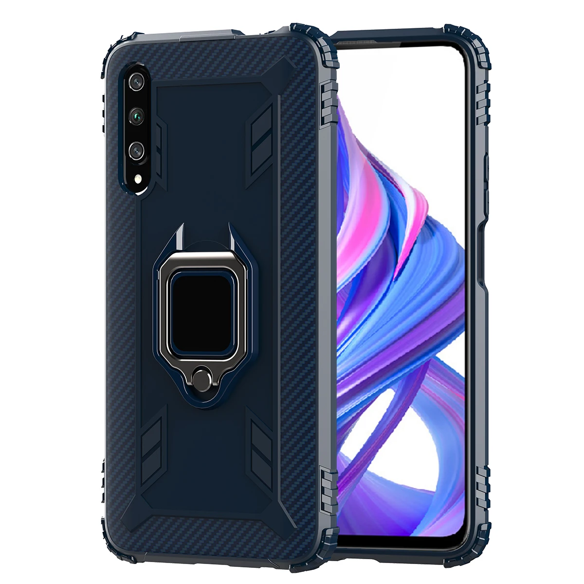 Soft TPU Carbon Fiber Shockproof Mobile Phone Back Case For Huawei Honor10i Honor 9X Pro Y6P Back Cover With Kickstand