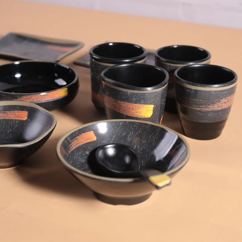 Wholesale Japanese style Matt black dinnerware sushi plate melamine dinner set for