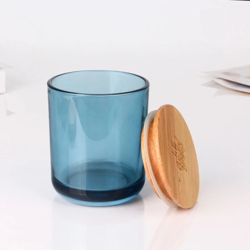 8oz 10oz Round Shape Empty Blue Translucent Glass Candle Jars with Bamboo Lids in Bulk Candle Glass Jar For Candle Making
