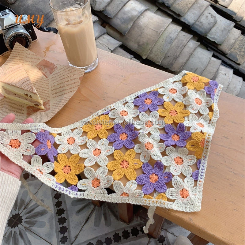 New Fashion Summer Beach Handmade Knitted Bandana Women Floral Hair Scarf Crochet Triangle Headbands For Girls