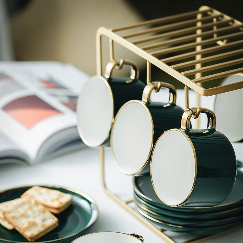 Jade-cer dark green ceramic 250ml coffee tea cup and saucer set with gold handle with stand