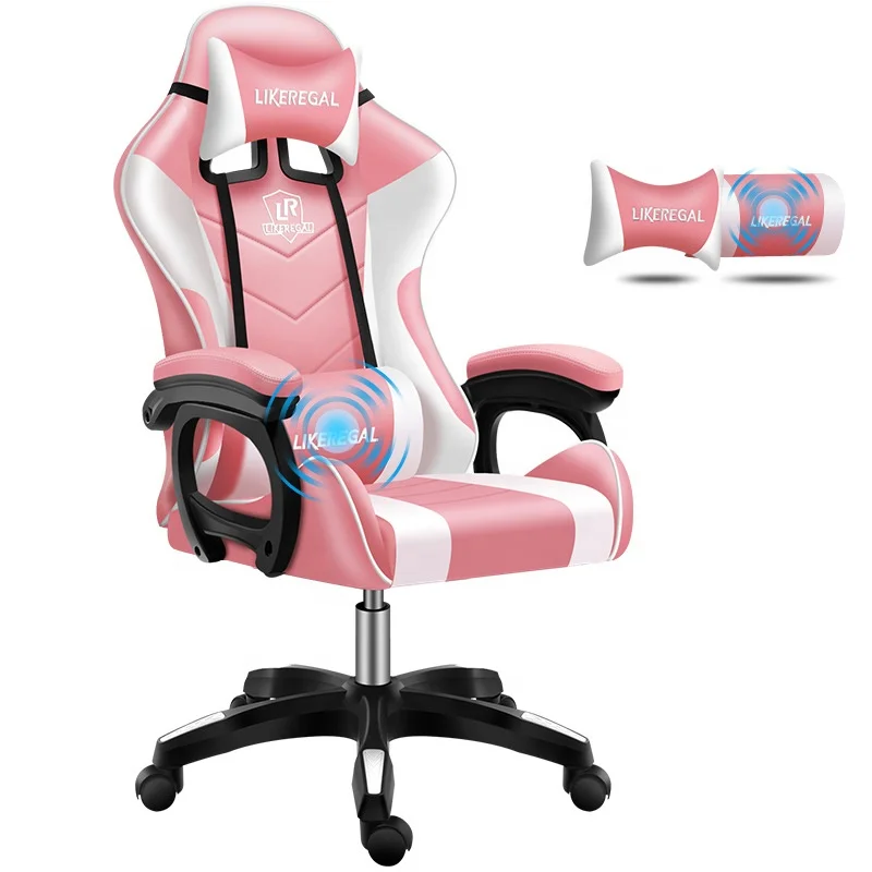 Competitive Cheap Pu Leather Racing Computer sit lie Pink Gaming Chair With Massage pillow for gamer
