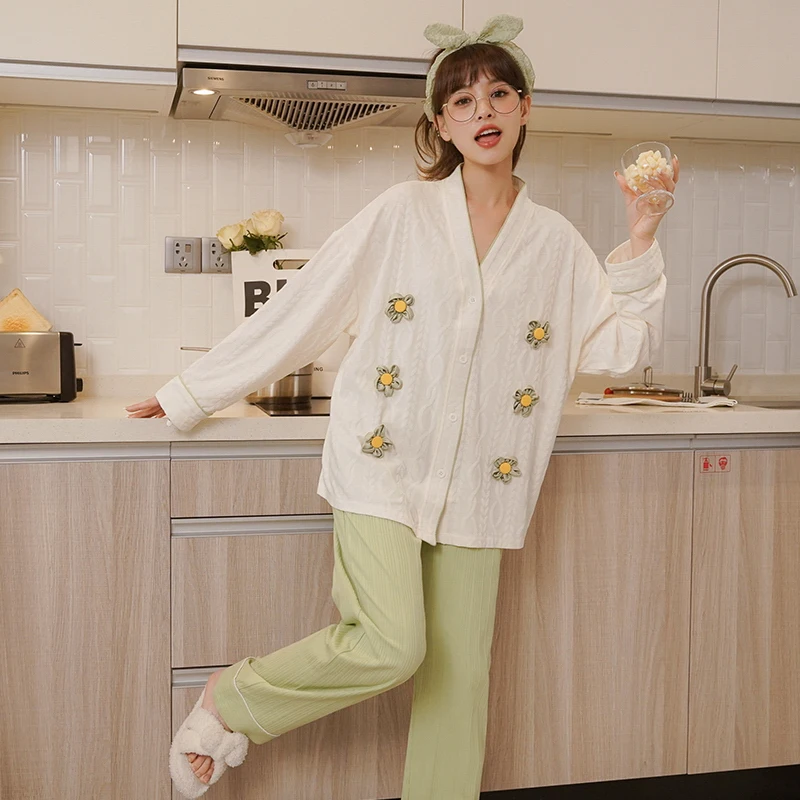 Supplier jersey Printed Leisure cotton Long sleeve Sleepwear set women daily lovely cartoon Cardigan Pajamas suit