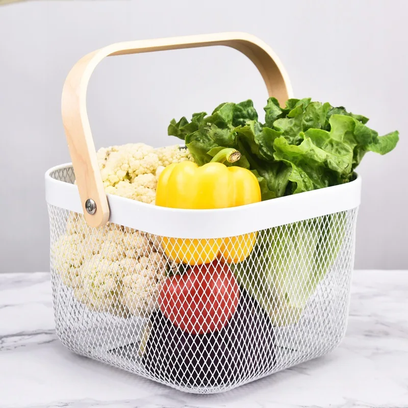 2024 NEW coming Multi-function Metal Square wire Mesh Fruit storage Basket with Wooden Handle for Kitchen Storage Organization