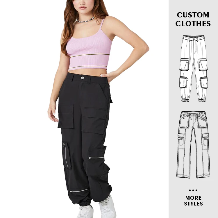 Custom OEM Manufacturer Vintage Pockets High Waist Streetwear baggy Casual ladies Long parachute Cargo Pant for women Trousers