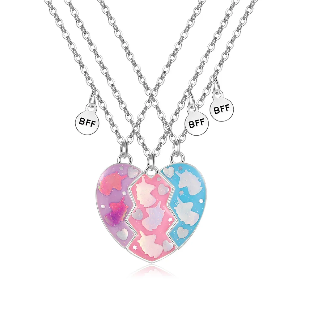 3 Best Friend Necklace Magnetic Heart Pendant with Glitter-Unicorn Shape Best Friends Necklace for 3 Girls Bff Jewelry