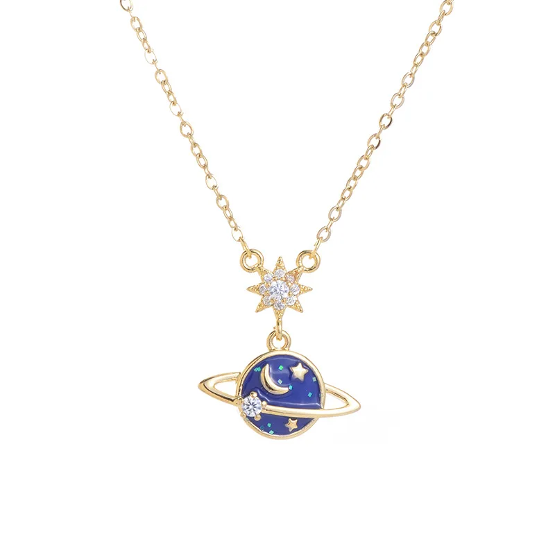 Rhinestone Planet Saturn Pendant Long Sweater Chain Necklace Female Party Jewelry Luxury For Women Girls Birthday Gift
