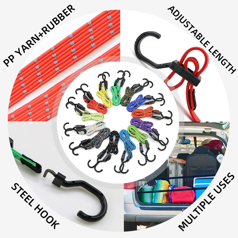 wholesale heavy duty multi-purpose elastic rope flat wide adjustable cargo bungee cords with hooks for luggage