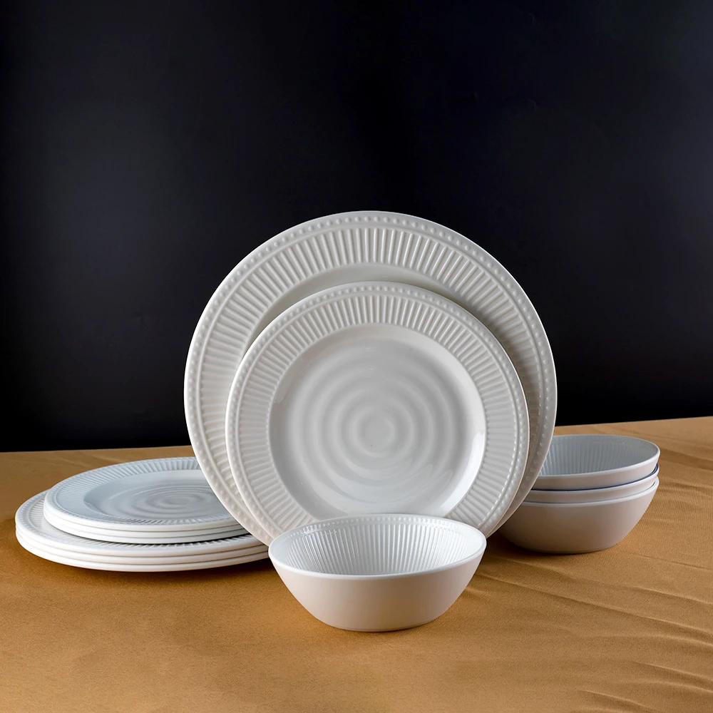SEBEST Melamine Tableware Factory Wholesale Customizable Embossed Design White Melamine Dinner Sets for 12 Pieces