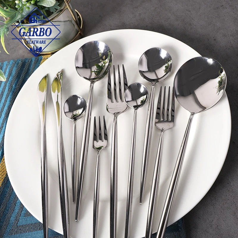 Top seller Portugal cutlery set high quality 304 SS mirror flatware set with thin handle silvery tableware flatware cutlery