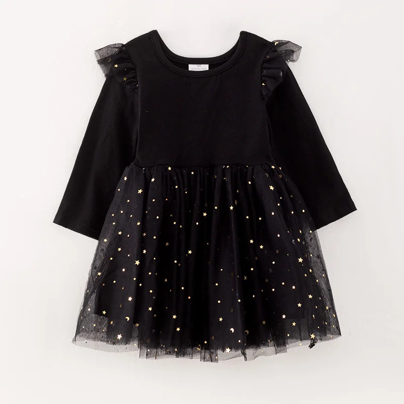 In Stock Ready to Ship Baby Kids Toddler Girls Fall Winter Black Cotton Bronzing Star Tulle Tutu Gauzy Dress
