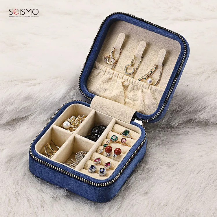 Wholesale Custom Small Travel Navy Blue Velvet Zipper Necklace Jewellery Ring Packaging Storage Gift Jewelry Box Organizer Case