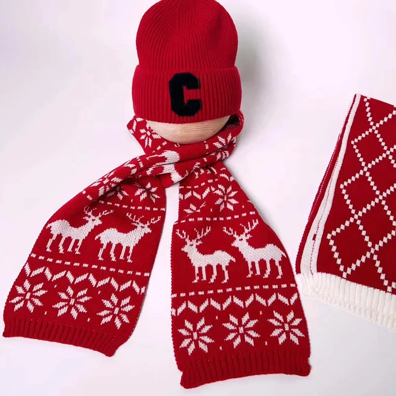 Factory Stock Red Knitted Winter Christmas Scarf Acrylic Scarf Jacquard Christmas Necklaces for Kid and Women