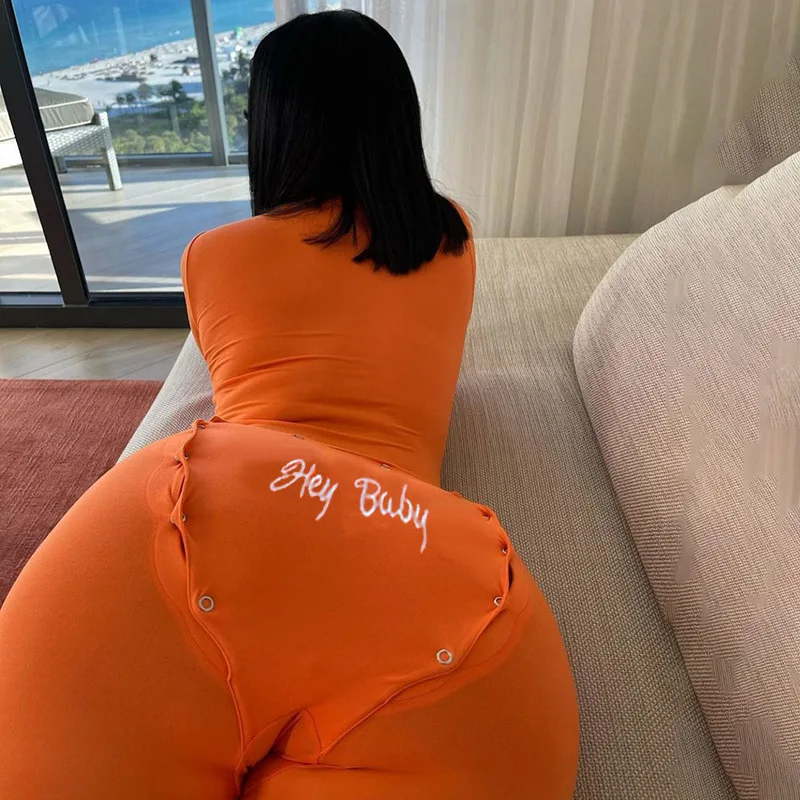 Low MOQ Custom Embroidery Plus Size Solid Color Sexy functional adult onesie with butt flap for women