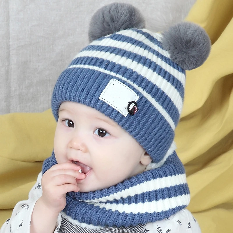 Wholesale kids pom pom beanie knitted 2 set baby winter hat and scarf