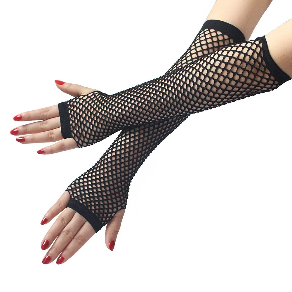 Women Dance Lace Gloves Sexy Long Fishnet Elastic Gloves Fingerless Nightclub Etiquette Gloves for Daily & Party
