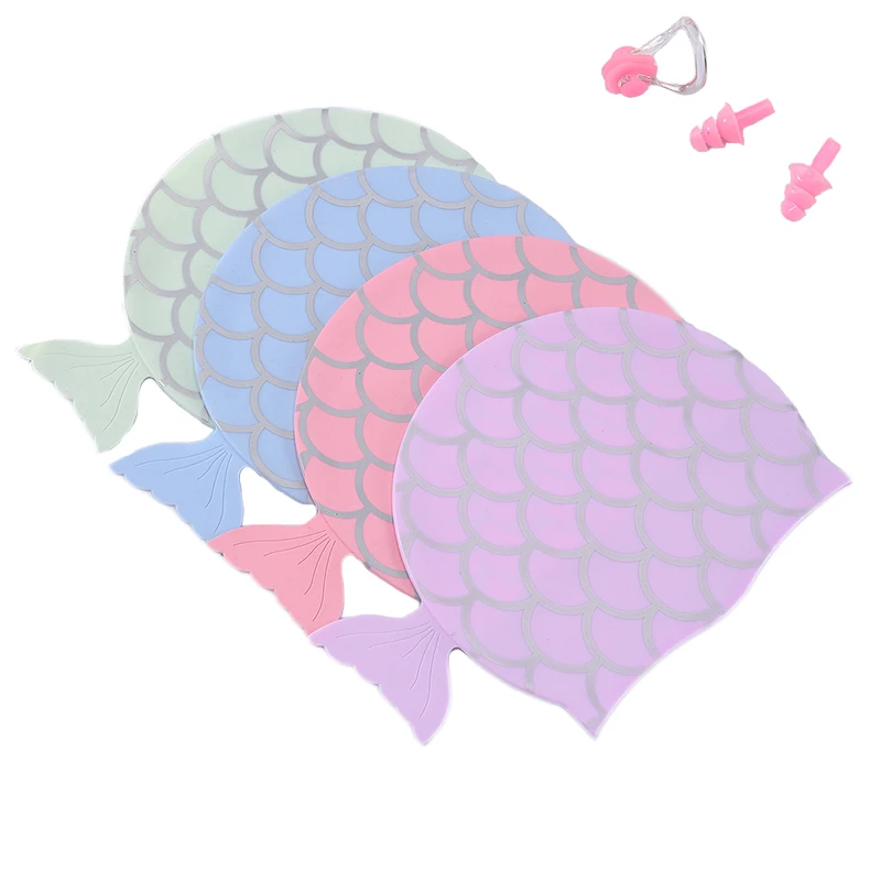 High quality Waterproof Swim Hat Fish Caps silicone Swimming Cap with earplug and noseclip 3 in 1 set