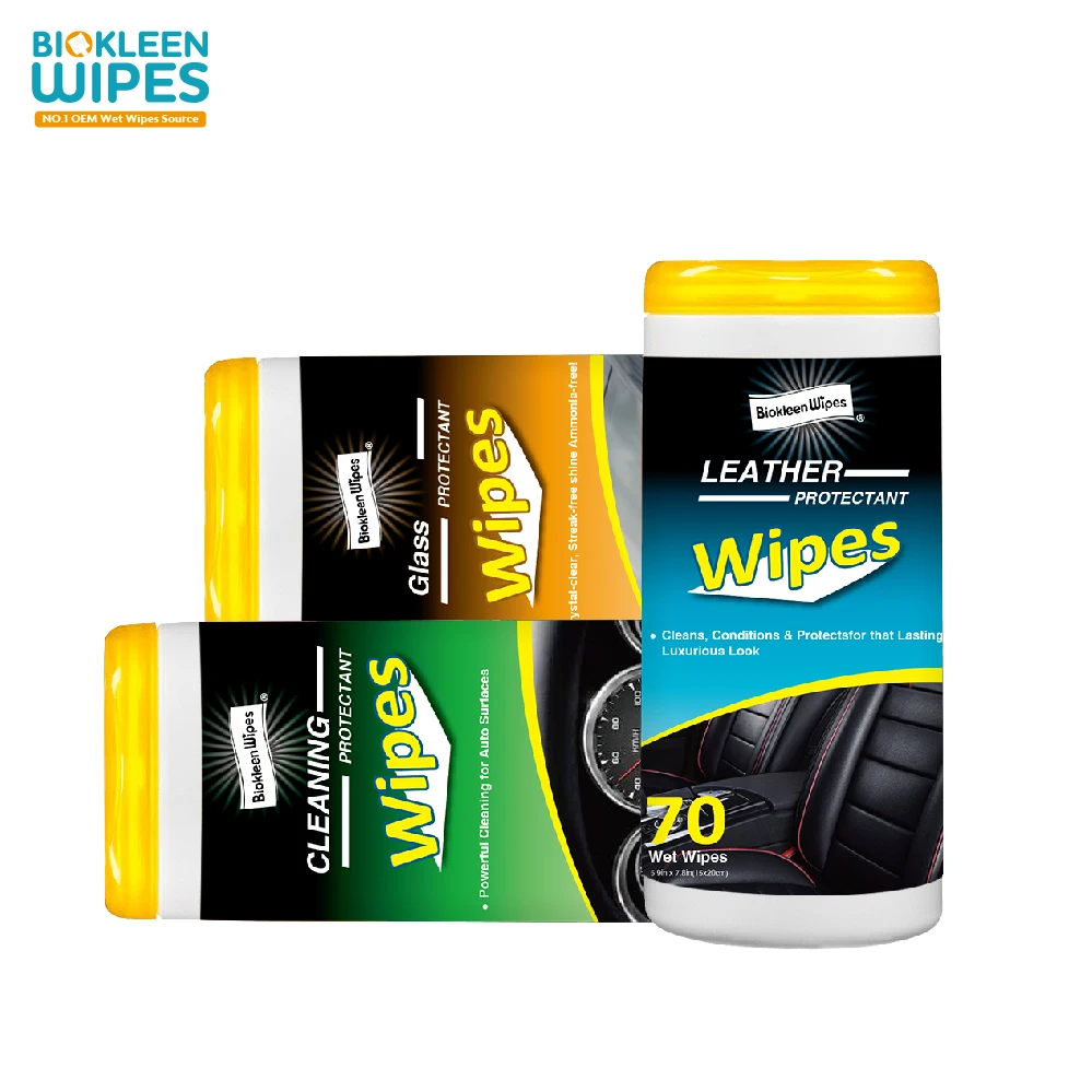 Biokleen 70 Private Label Manufacturers Orange Cleans Dirt Spunlace Nonwoven Car Dashboard Wet Wipes Car Window Clearing Wipes