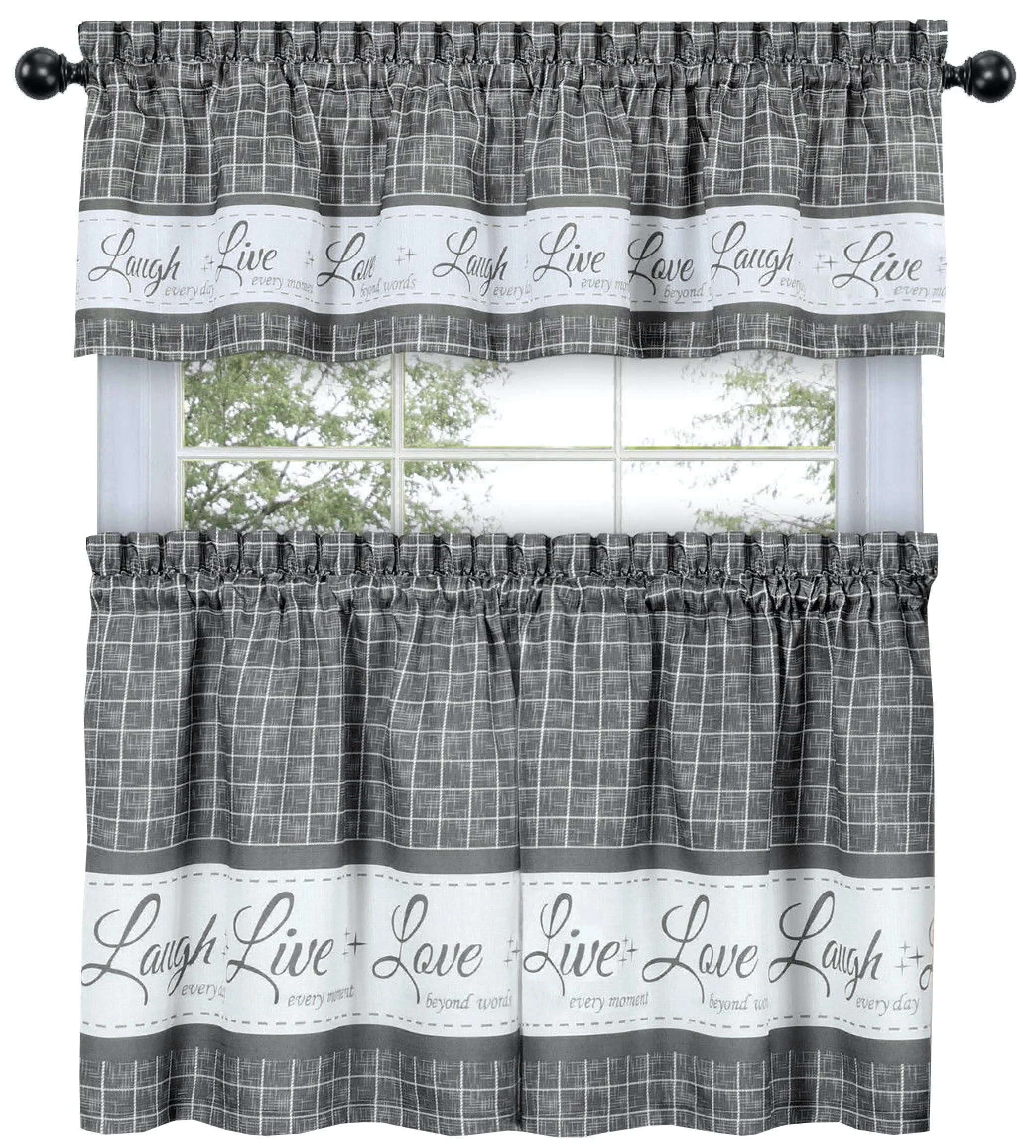 Bindi Country Gingham Check Live Laugh Love 3 Pc Cafe Plaid Grey Black Out Window Kitchen Curtain Set