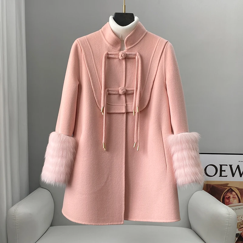 PUDI New Design Genuine Wool Overcoat With Fashion Chinese Style Fox Fur Cuff Winter Jacket CT273