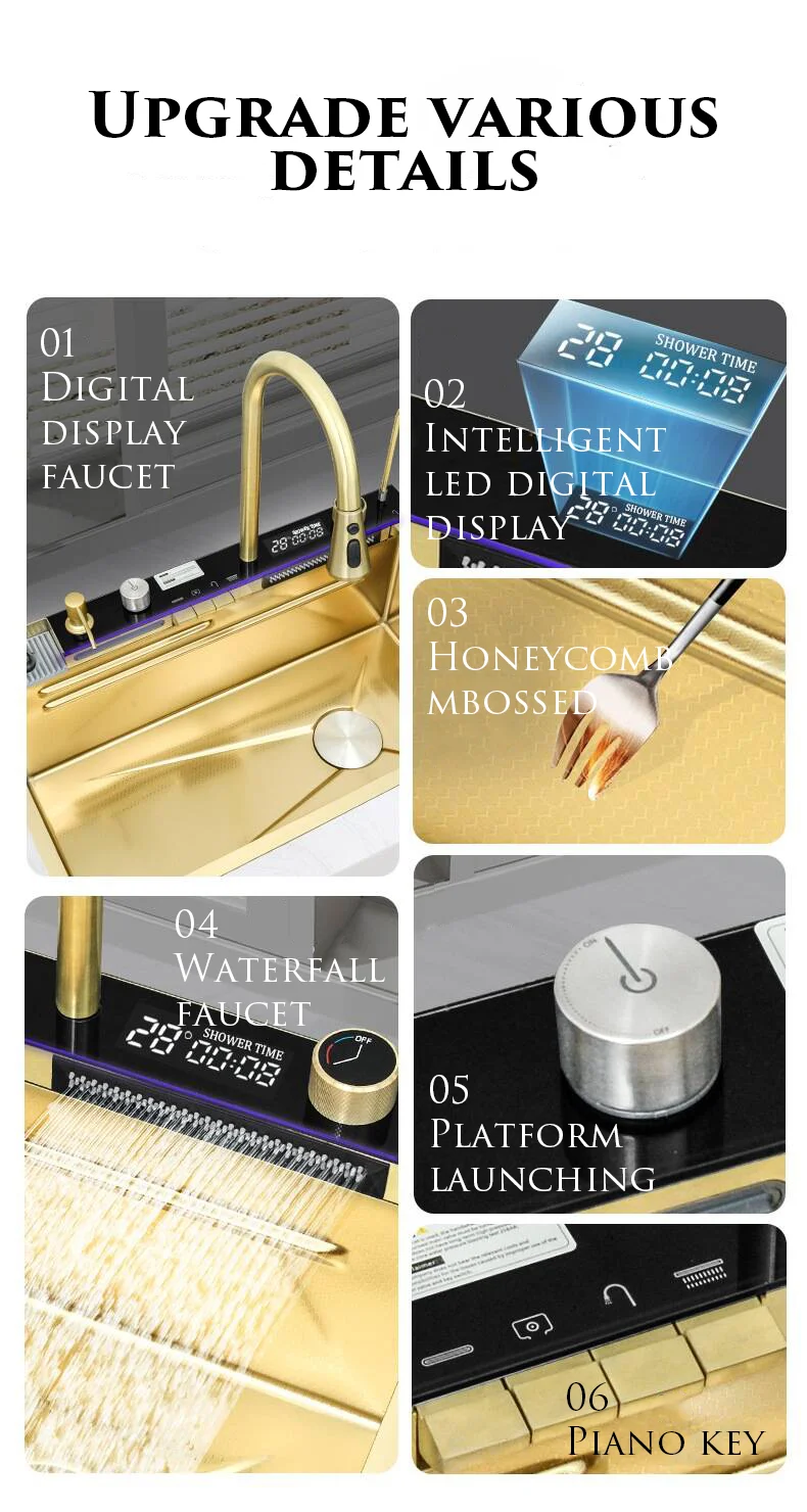 Luxury Gold Smart Kitchen Sink Nano Stainless Steel Hand Made Kitchen Sink Waterfall Kitchen Sink With Digital Display