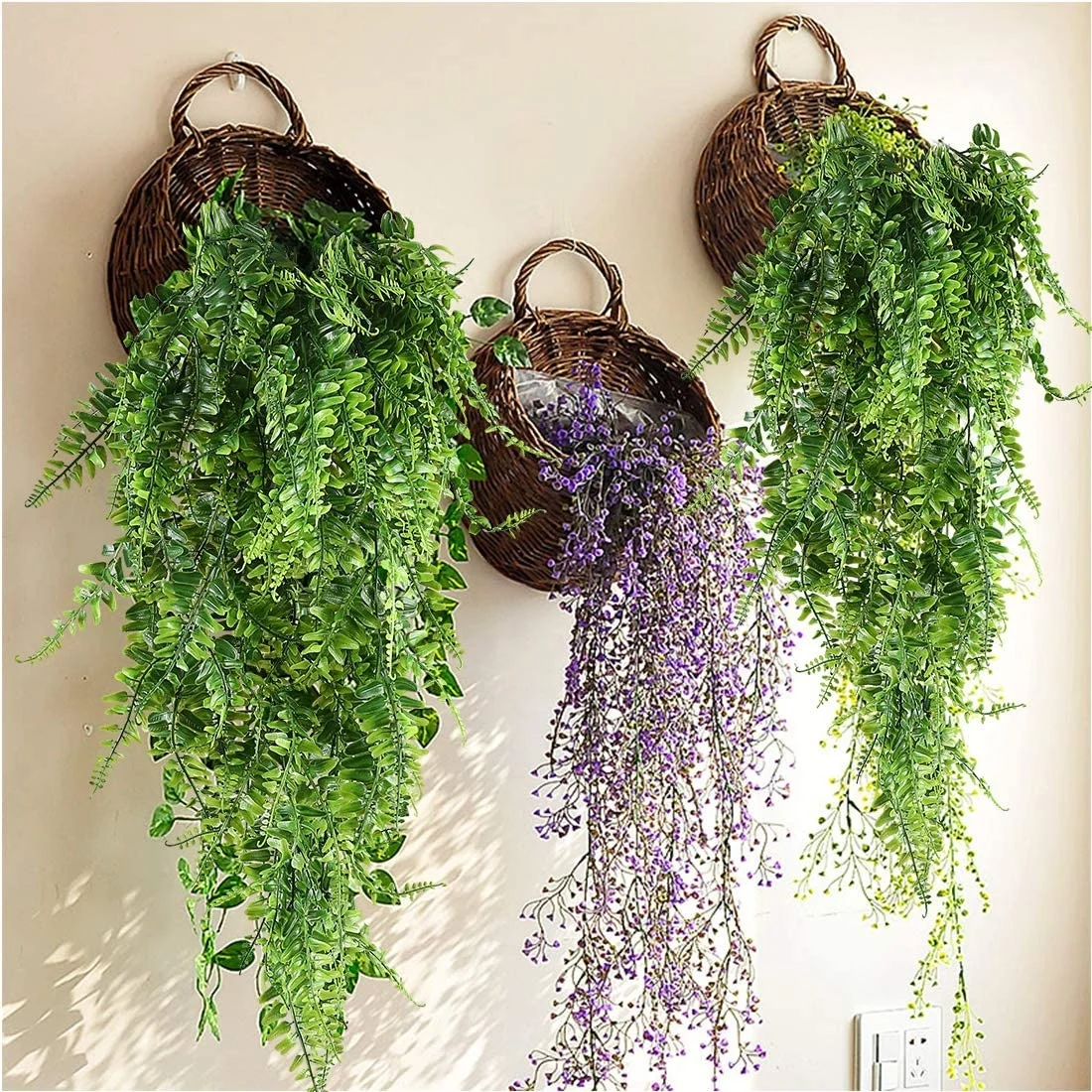 
2Pack Artificial Plants Vines Ferns Persian Rattan Hanging Plant Boston Fern Flowers Vine Outdoor Plastic Plants for Wall Decor 