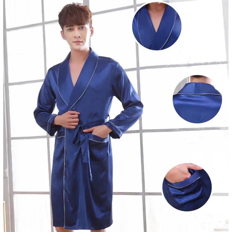 Chinese faux silk bathrobe  men long polyester satin bathrobe