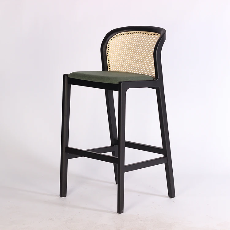 Wholesale Designer Scandinavian Black Rattan Backrest Solid Wood Bar Stool Chair for Restaurant Cafe Bar Table