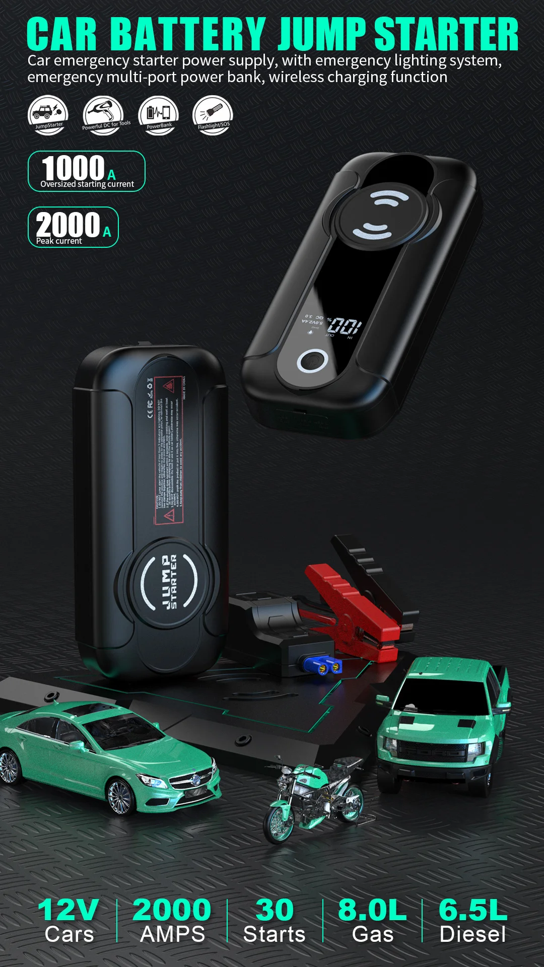 20000mAh Wireless Car Jump Start Power Bank Jumper Starter 12V Car Battery Charger Booster Powerbank Jumpstarter Jump Starter