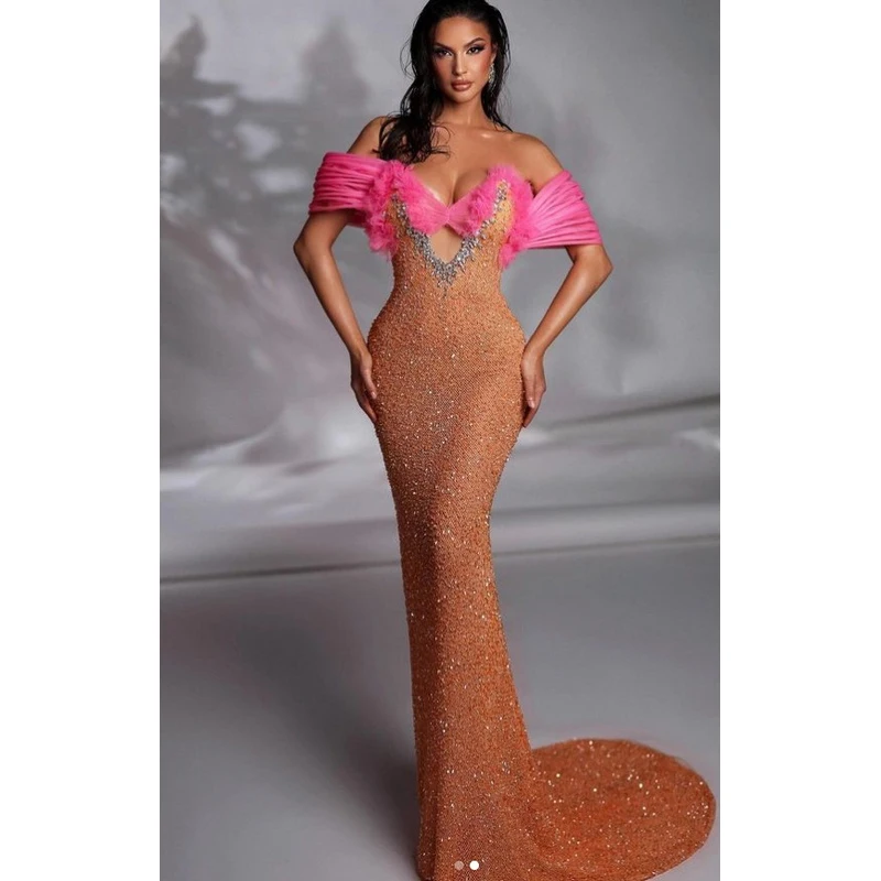 A9210 Fashionable Stylish Orange Women Long Gown Dress Beaded Sequined Maxi Ladies Cocktail Dress