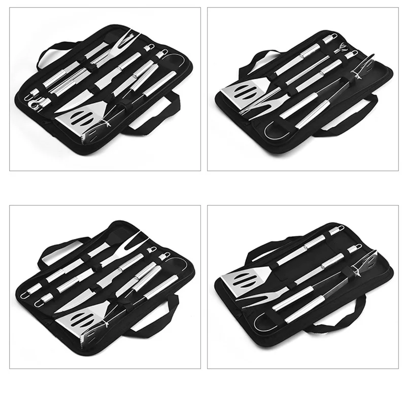 China Supplier Outside Kitchen Cooking Utensils Barbecue Grilling Accessories 13 Pieces Stainless Steel BBQ Set with Cloth Bag