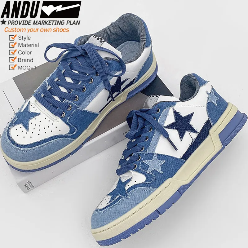 Men Casual Fashion Breathable Casual Shoes Bootleg Custom Canvas Trendy Men Denim Blue Star Shoes Retro Low Top Skateboard Shoes
