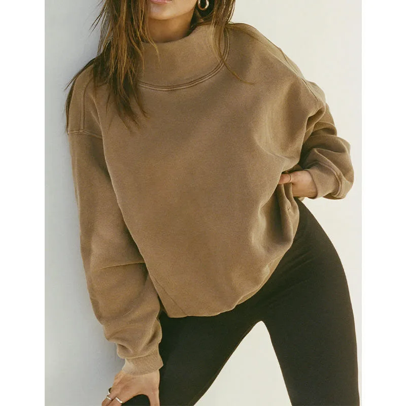 Wholesale Custom Logo Turtlenecks Sweatshirt Plain Color Pullover Hoodies For Women