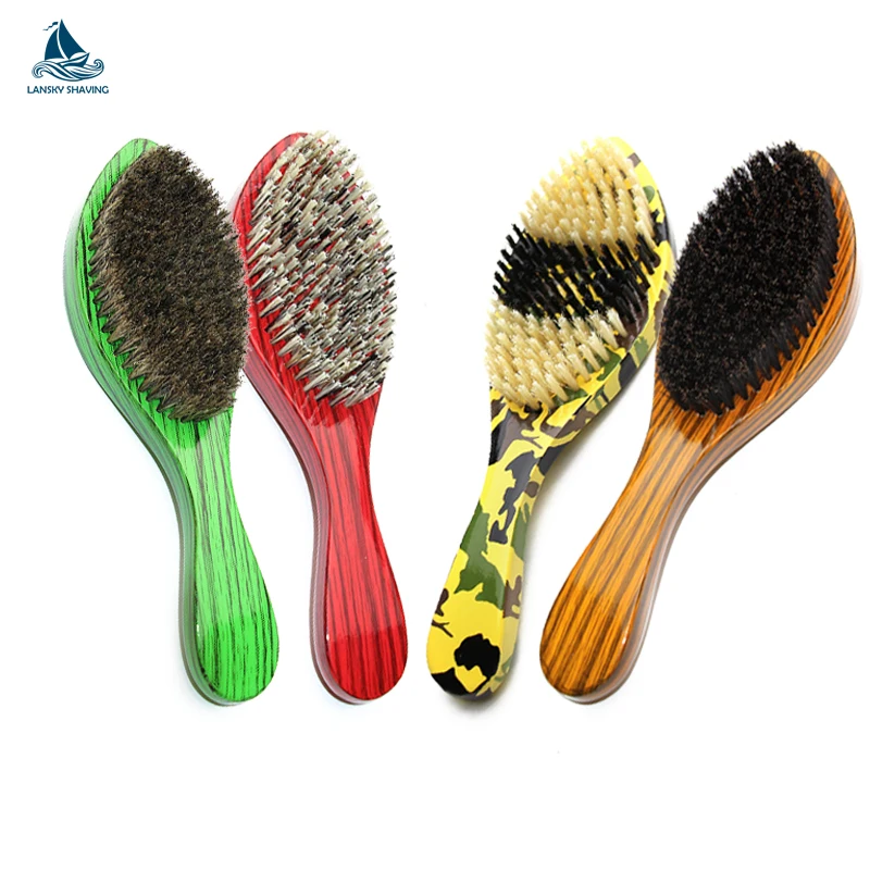 custom Luxury grain long handle hard boar bristle wooden cheap 360 curved wave beard hair brush