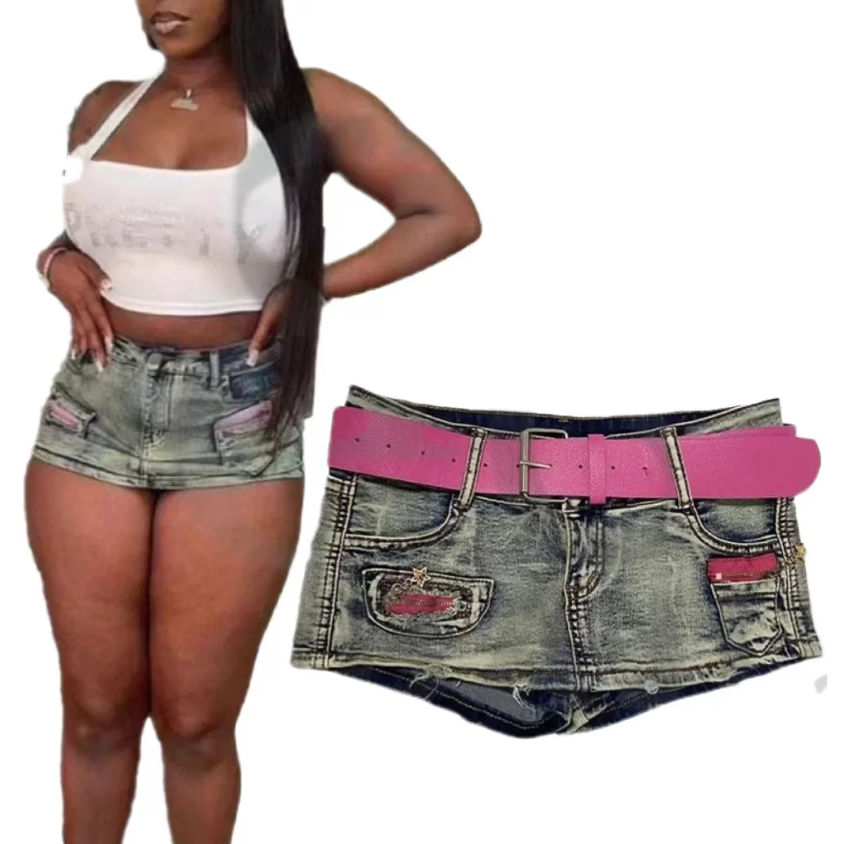 Peeqi Y2K fashion patchwork low waist mini shorts skirt bodycon skinny jeans denim skirt with belt sexy women lady
