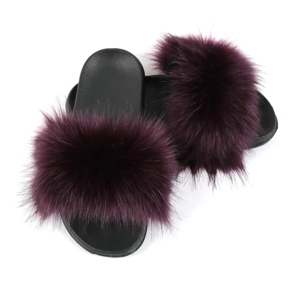 Ladies fur slippers slides/custom faux furry slides slippers/wholesale faux fox fur slides