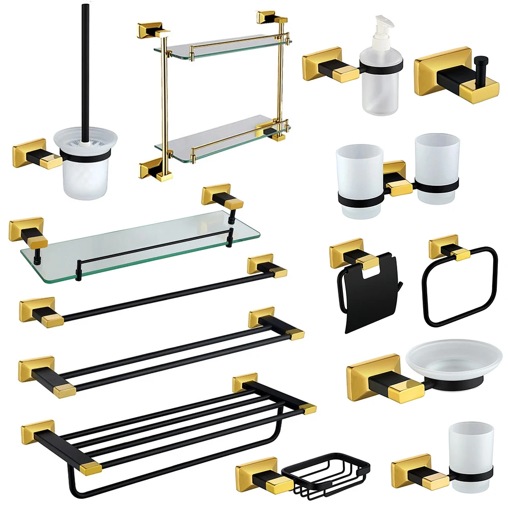 New Design luxury Wall Mounted black gold Stainless steel bathroom accessories hardware set