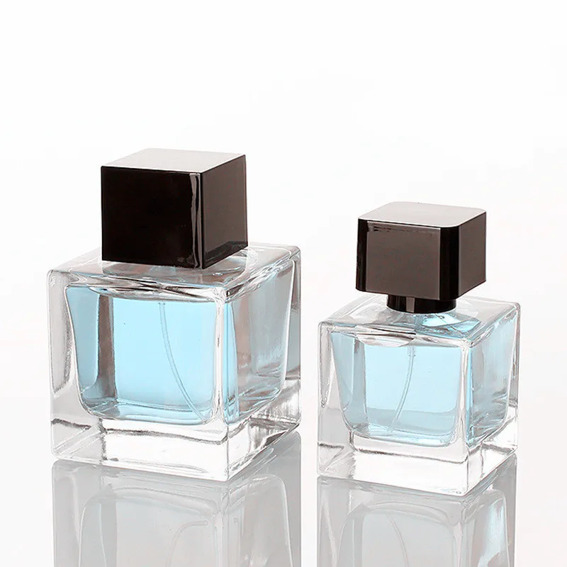 Refillable perfume crimp  bottle 50ml 100ml Square Perfume Glass With  Acrylic Cap empty square perfume bottle 100ml