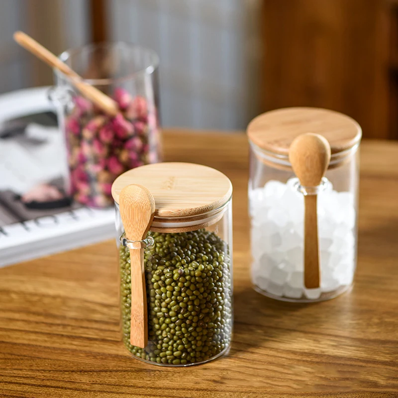 Eco-Friendly Feature borosilicate glass food spice jar clear glass storage jar with bamboo spoon and press lid