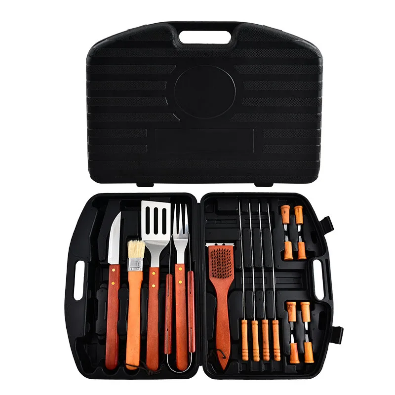 Fashion 18 in 1 barbecue tool Set with black portable carrying case Stainless steel wooden cooking accessories set