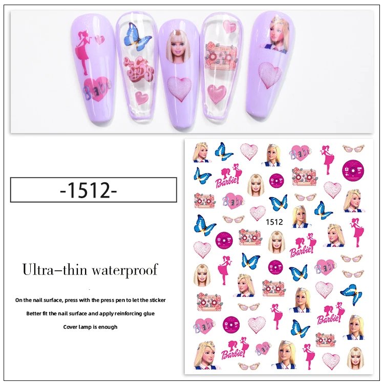 1511-1416 Wholesale Nail Art Supplies Adhesive Cartoon Pink Barbie Figure Print Nail Art Stickers and Decals