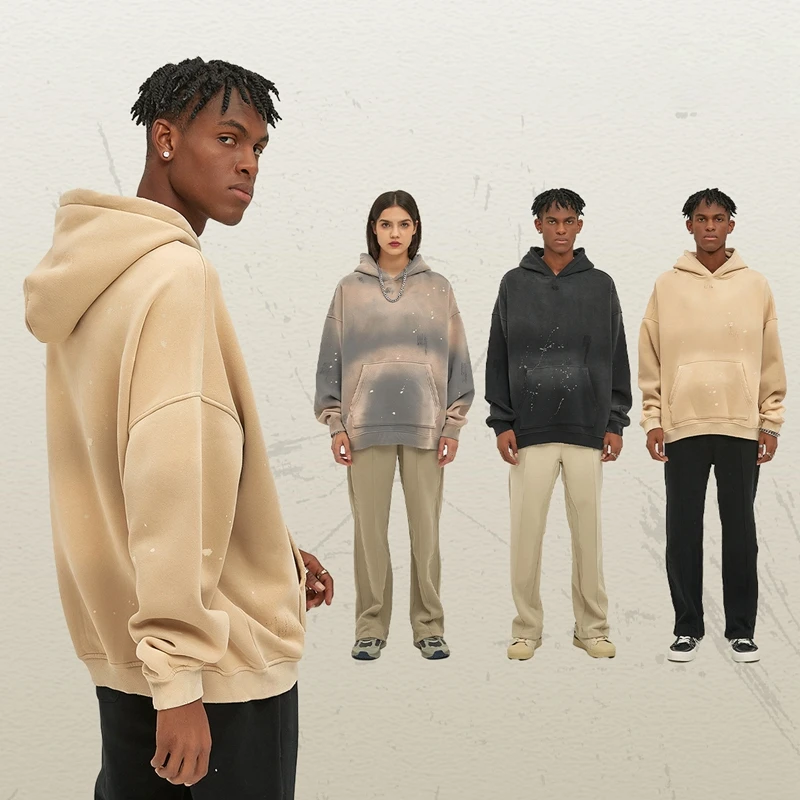 Custom Logo Blank Initial Heavyweight Jersey Cotton Hoodies  Mens Sun Fade Acid Wash Baggy Hoodie