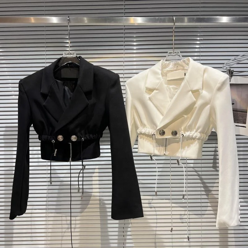 OUDINA Fashion Drawstring Design Celebrity Suit Jacket Blazer Crop Top Lades Women Cropped Blazer